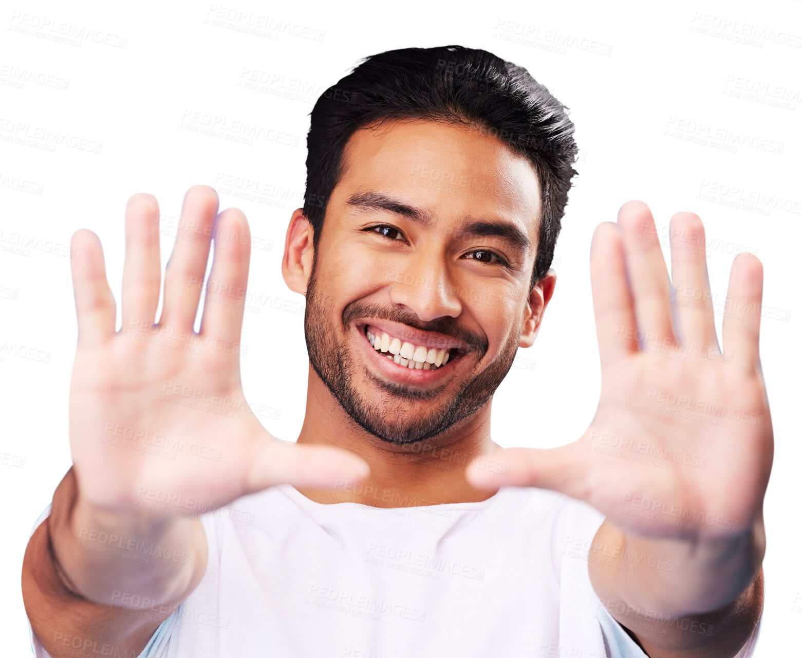 Buy stock photo Palm, hand frame and portrait of a man for a selfie, creative aesthetic isolated in a transparent or png background. Smile, laughing and happy Asian person confident with a gesture for a photo