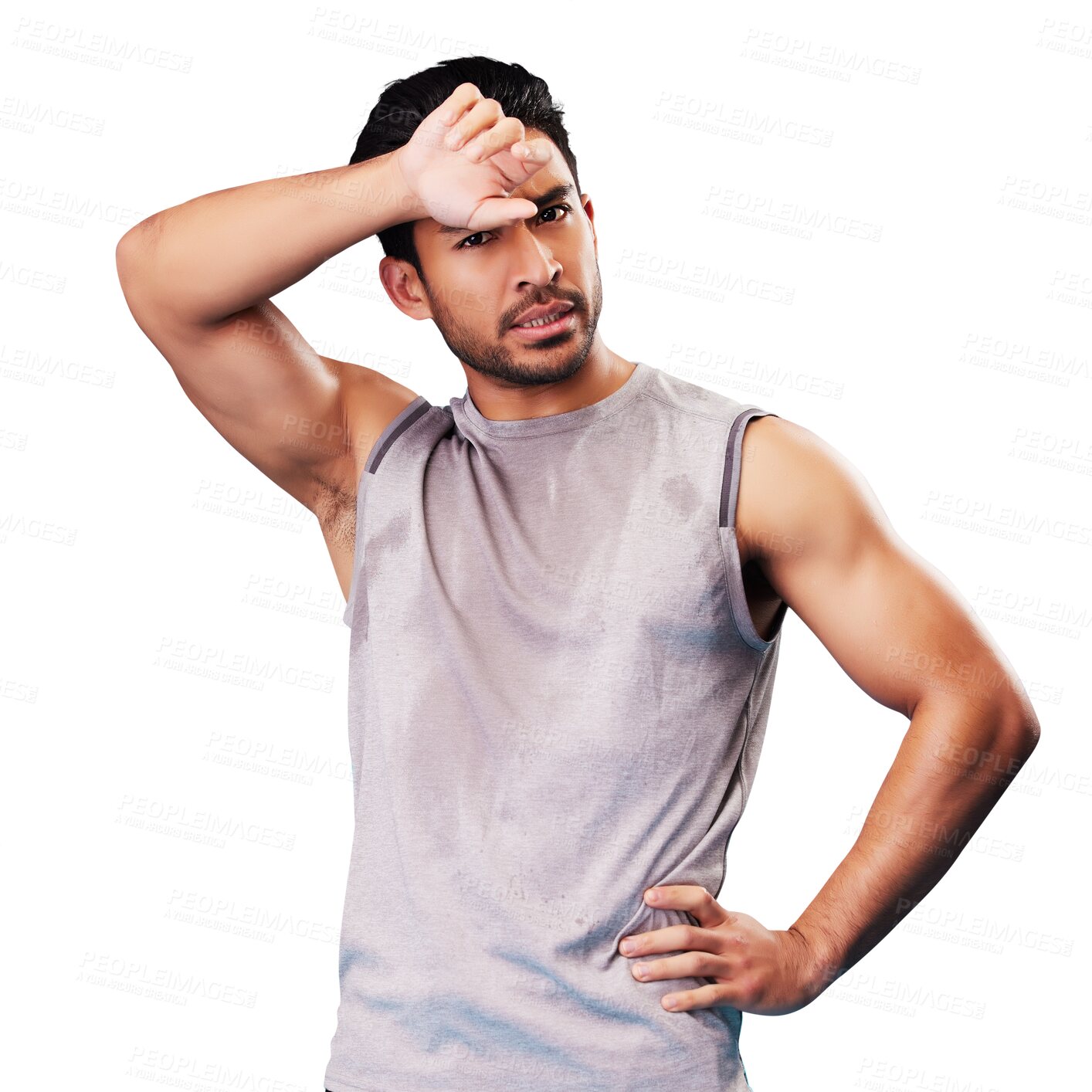 Buy stock photo Portrait, fitness and Asian man, tired with sweat after exercise isolated on transparent png background. Face, serious and male athlete with fatigue, workout and sports, healthy body and wellness.