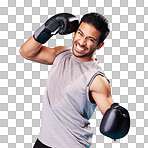 Boxer man, punch and studio portrait with sweat, workout and training for fitness by blue background. Guy, boxing gloves and power for exercise, fight and development for performance in combat sports