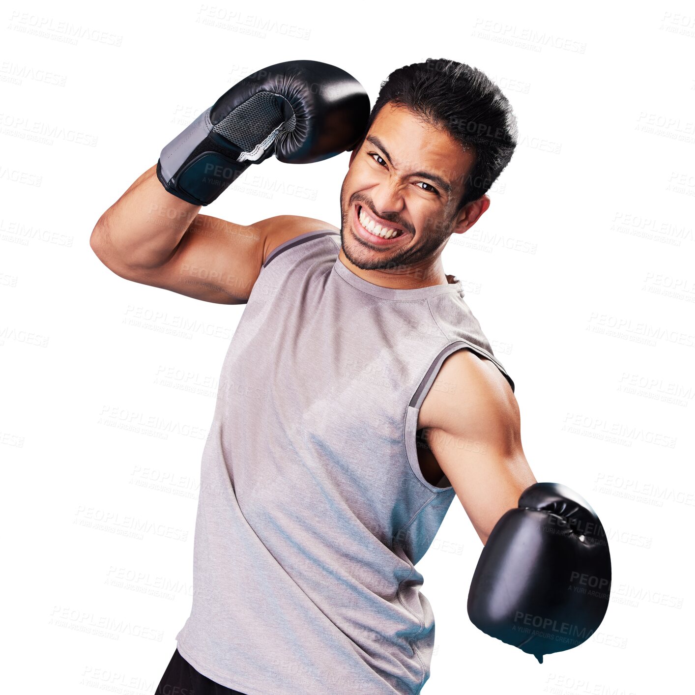 Buy stock photo Isolated man, boxer and portrait with gloves, punching or frustrated by transparent png background. Young athlete guy, boxing and angry with fist for training fight, contest and challenge for fitness