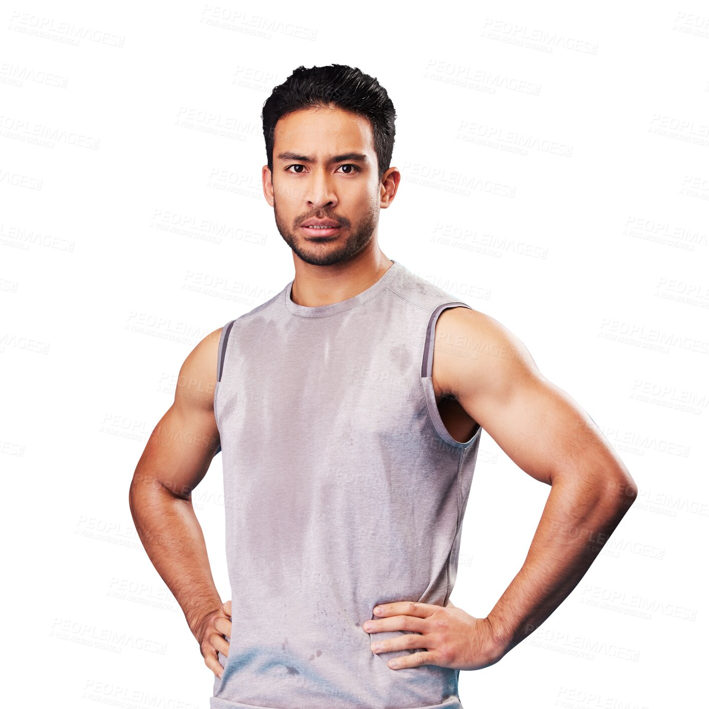 Buy stock photo Portrait, fitness and man with sweat after exercise isolated on transparent png background in gym. Face, serious and male athlete with confidence, workout and sports, healthy motivation and wellness.