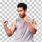 Fitness, competition and man training, sports and workout goals against a blue studio background. Male person, challenge or serious athlete with power, strong or energy with exercise, fight or battle