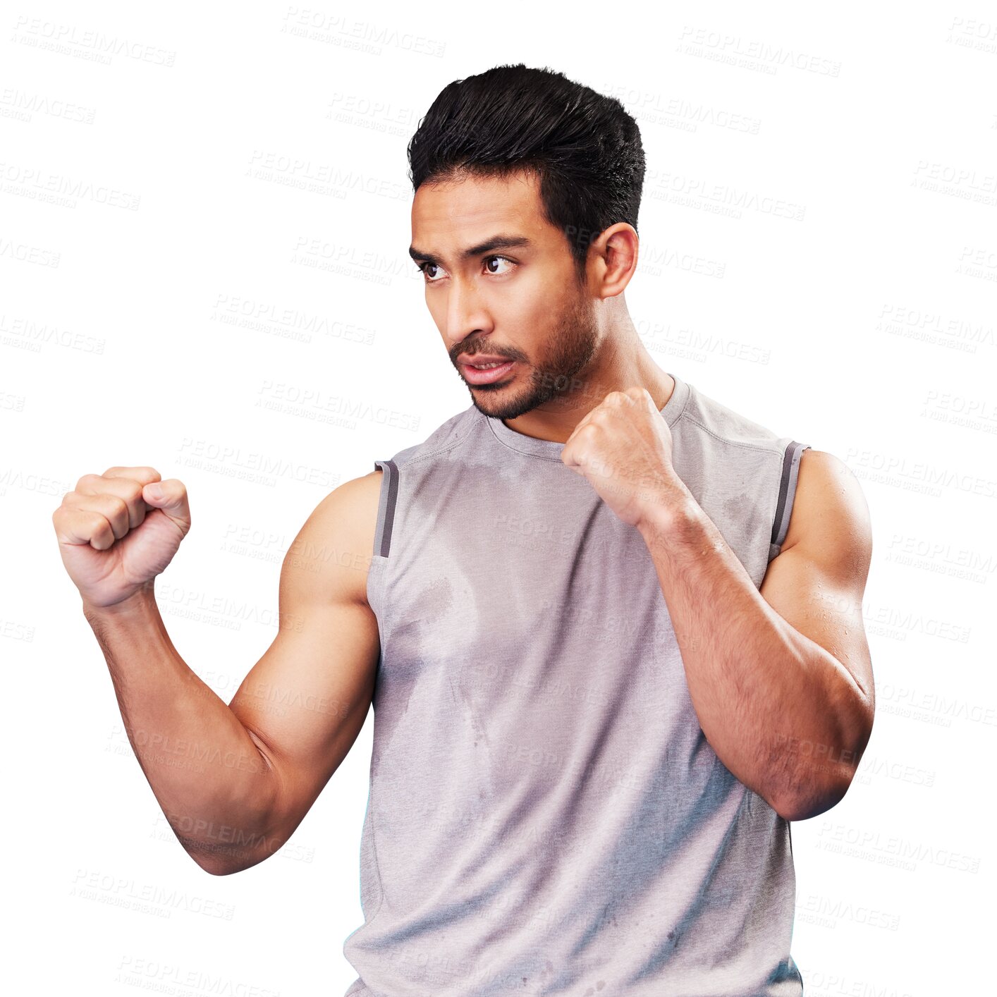 Buy stock photo Fitness, man fist and boxing training, sports and exercise with fighter and muscle. Male person, sweat and athlete with power and energy from workout, fight isolated on transparent, png background