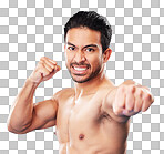 Man, shirtless and martial arts in studio portrait with power, punch and anger by blue background. Guy, mma and muscle for fight, contest or sport with exercise, training and workout for competition