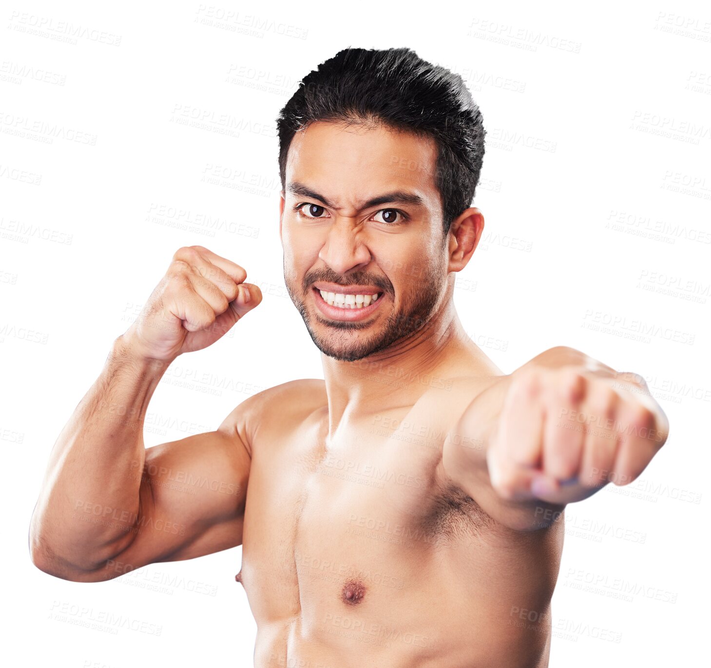 Buy stock photo Portrait, man fist and fighter training, sports and exercise with boxing and muscle. Male person, angry and athlete with power and from workout and fight isolated on transparent, png background