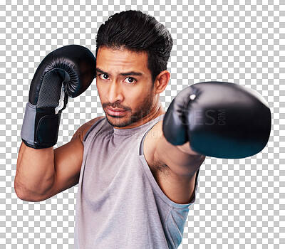 Buy stock photo Boxing, man and portrait with gloves for punch isolated on transparent png background for sports, challenge and champion. Strong asian boxer hit for fighting, fitness action and power for competition