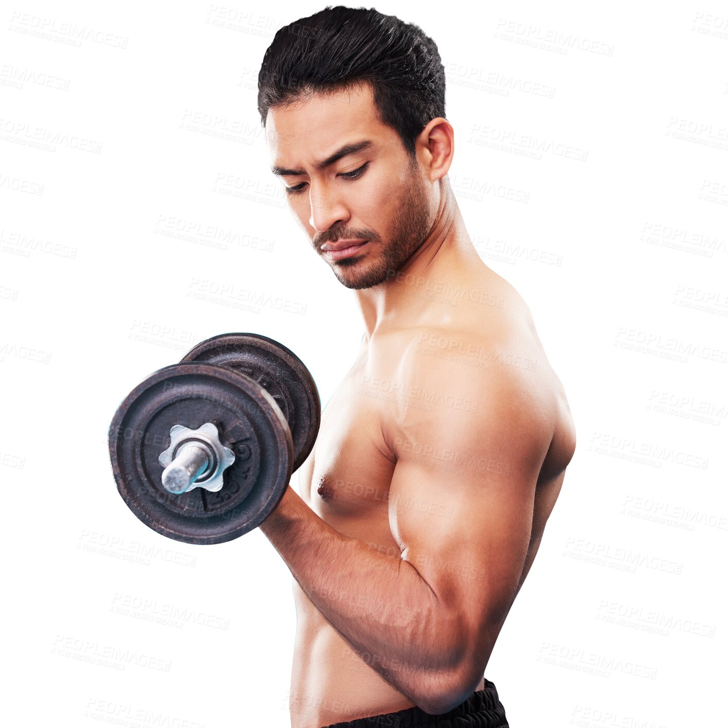 Buy stock photo Strong, fitness and man with dumbbell isolated on transparent png background for training, exercise or workout. Asian bodybuilder, athlete and weightlifting for bicep muscle, strength and power 