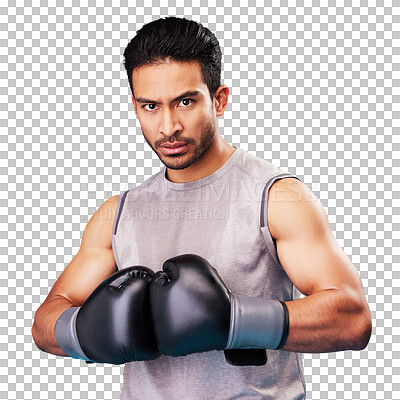 Portrait, man or fighter training, boxing or challenge against a blue studio background. Male person, healthy boxer or athlete with power, strong or serious face with workout goals, fight or wellness