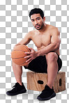 Portrait, fitness and basketball with a man on a box in studio on a gray background for training or a game. Exercise, workout or mindset and a young male sports athlete holding a ball with focus