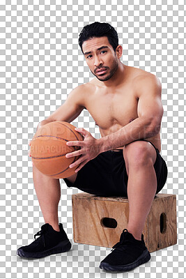 Portrait, fitness and basketball with a man on a box in studio on a gray background for training or a game. Exercise, workout or mindset and a young male sports athlete holding a ball with focus