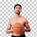 Portrait, fitness and basketball with a sports man in studio on a gray background for training or a game. Exercise, workout or focus and a shirtless young male athlete holding a ball with confidence