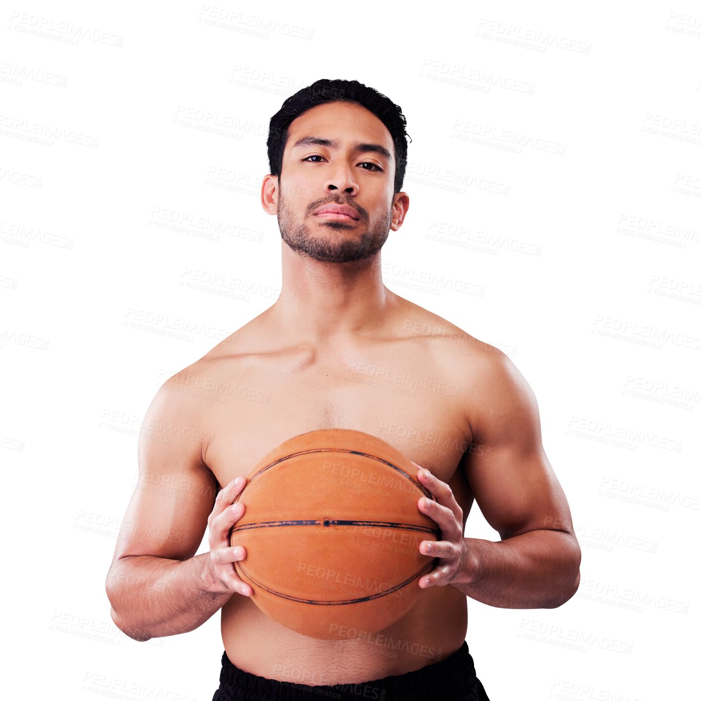 Buy stock photo Portrait, fitness and basketball with a serious man in with ball training for a game. Exercise, workout and sports wellness with a shirtless male athlete isolated on a transparent, png background