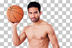 Portrait, basketball and focus with a sports man in studio on a gray background for training or a game. Fitness, body or shirtless and a young male athlete holding a ball with focus or confidence