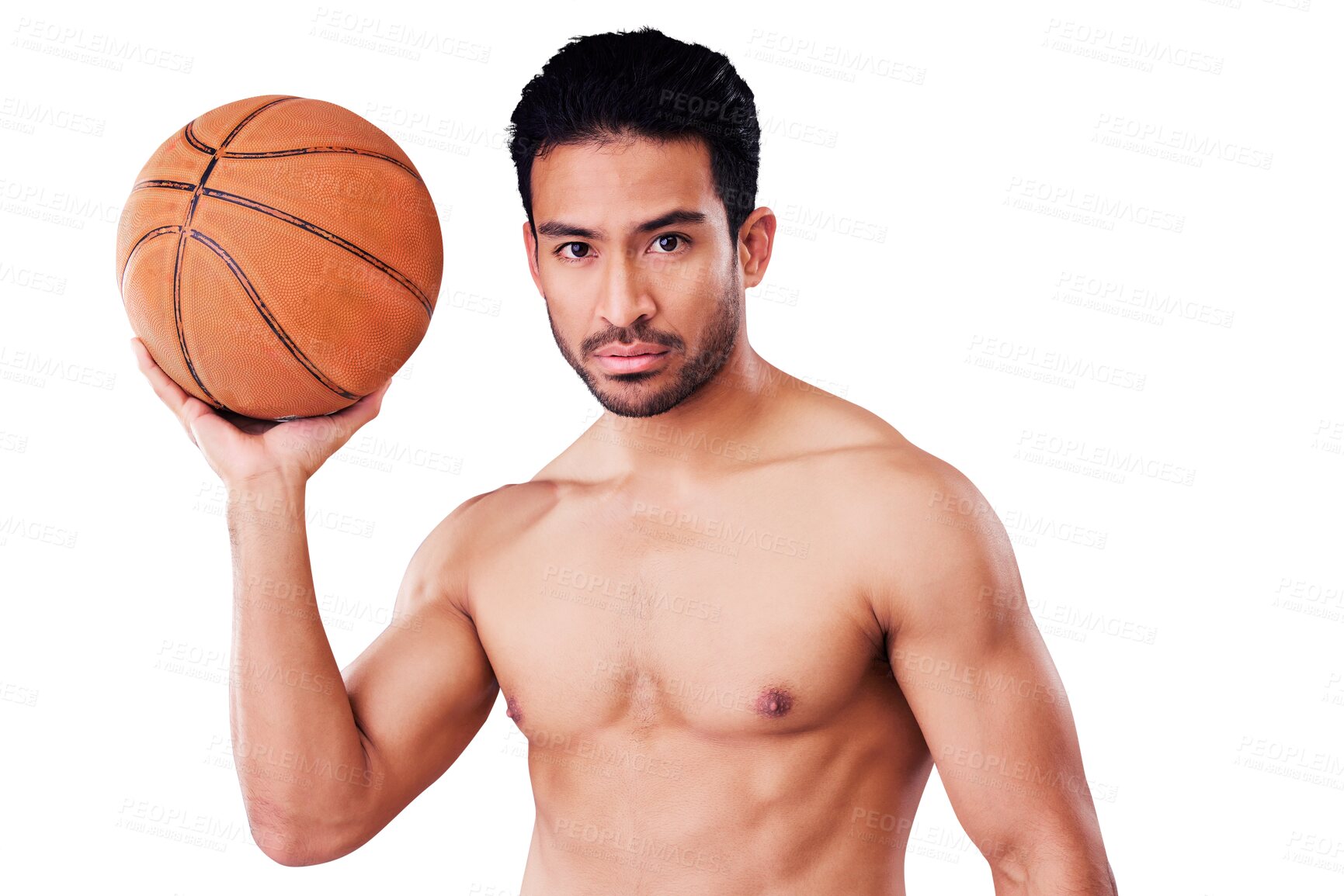 Buy stock photo Isolated topless man, basketball player and portrait with muscle, health and fitness by transparent png background. Young athlete, sports and training with ball for exercise, competition or workout