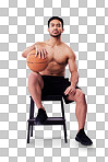 Portrait, fitness and basketball with a man on a chair in studio on a gray background for training or a game. Exercise, workout or mindset and confident young male sports athlete sitting with a ball