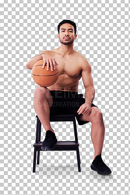 Portrait, fitness and basketball with a man on a chair in studio on a gray background for training or a game. Exercise, workout or mindset and confident young male sports athlete sitting with a ball