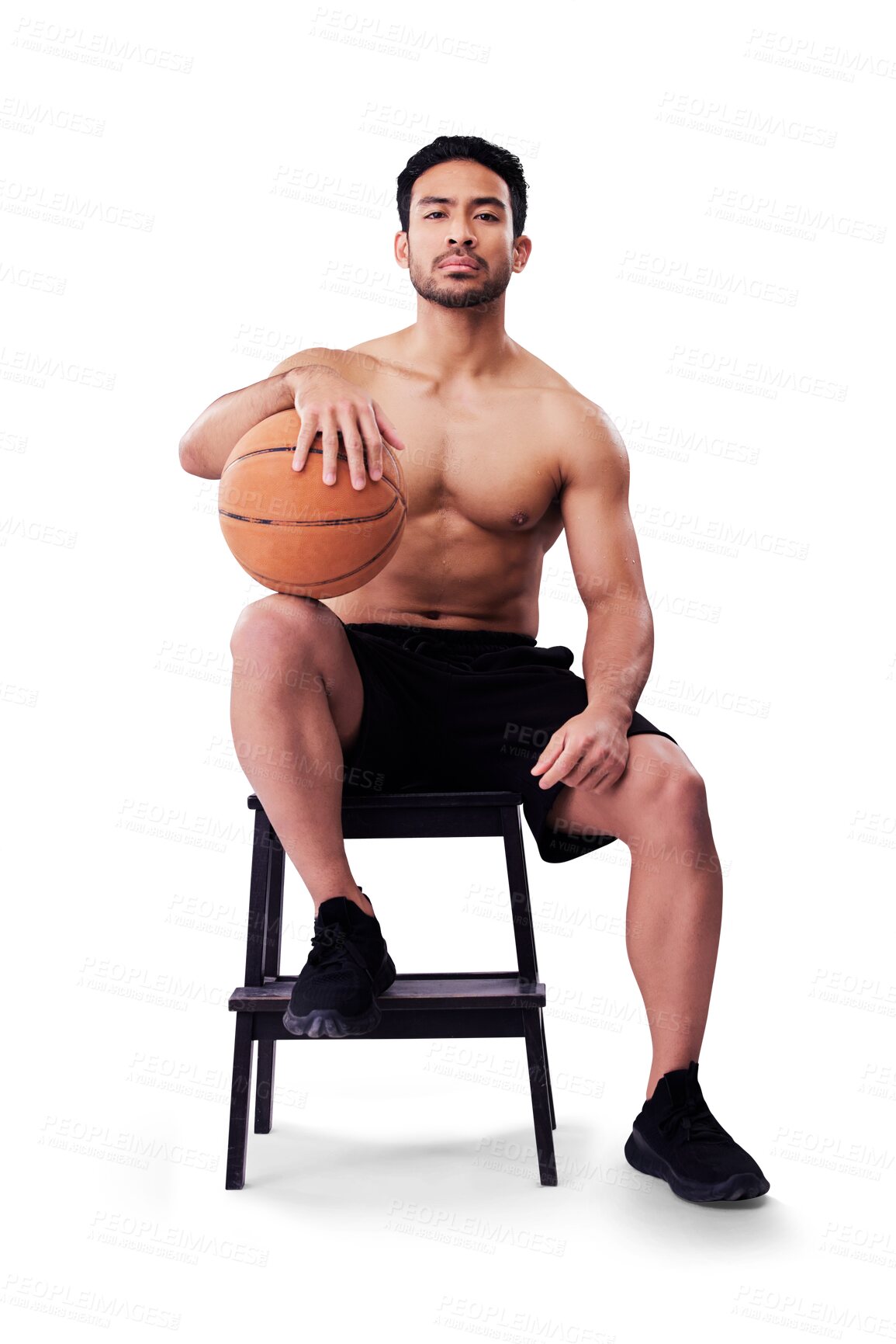 Buy stock photo Portrait, sport and basketball with a serious man sitting with ball training for a game. Exercise, workout and wellness with a shirtless male athlete isolated on a transparent, png background