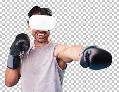 Boxer man, virtual reality glasses and studio with punch, power