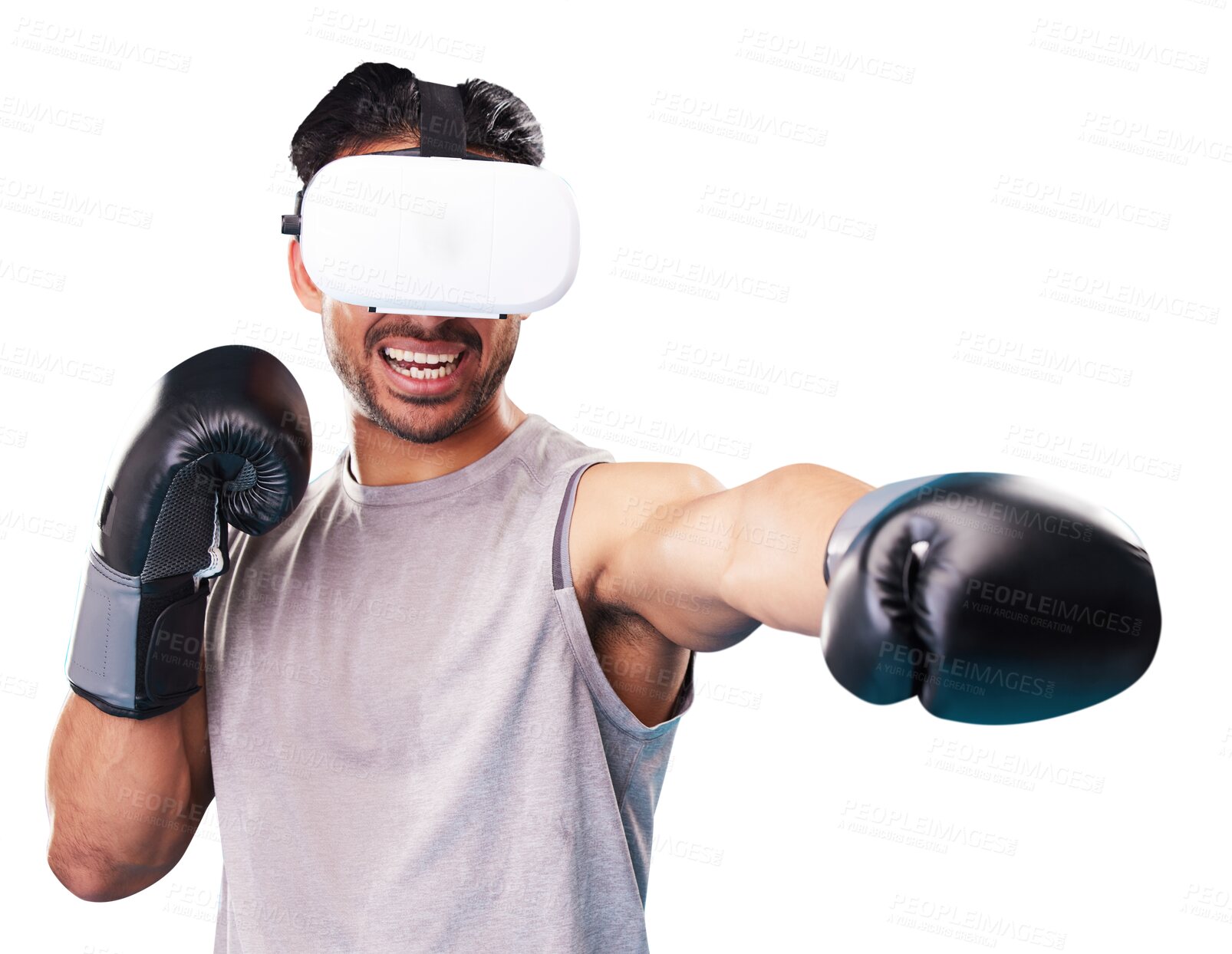 Buy stock photo Isolated boxer man, virtual reality glasses or punch in gloves, metaverse or esports by transparent png background. Athlete guy, boxing and ar vision for mma training, workout and futuristic exercise