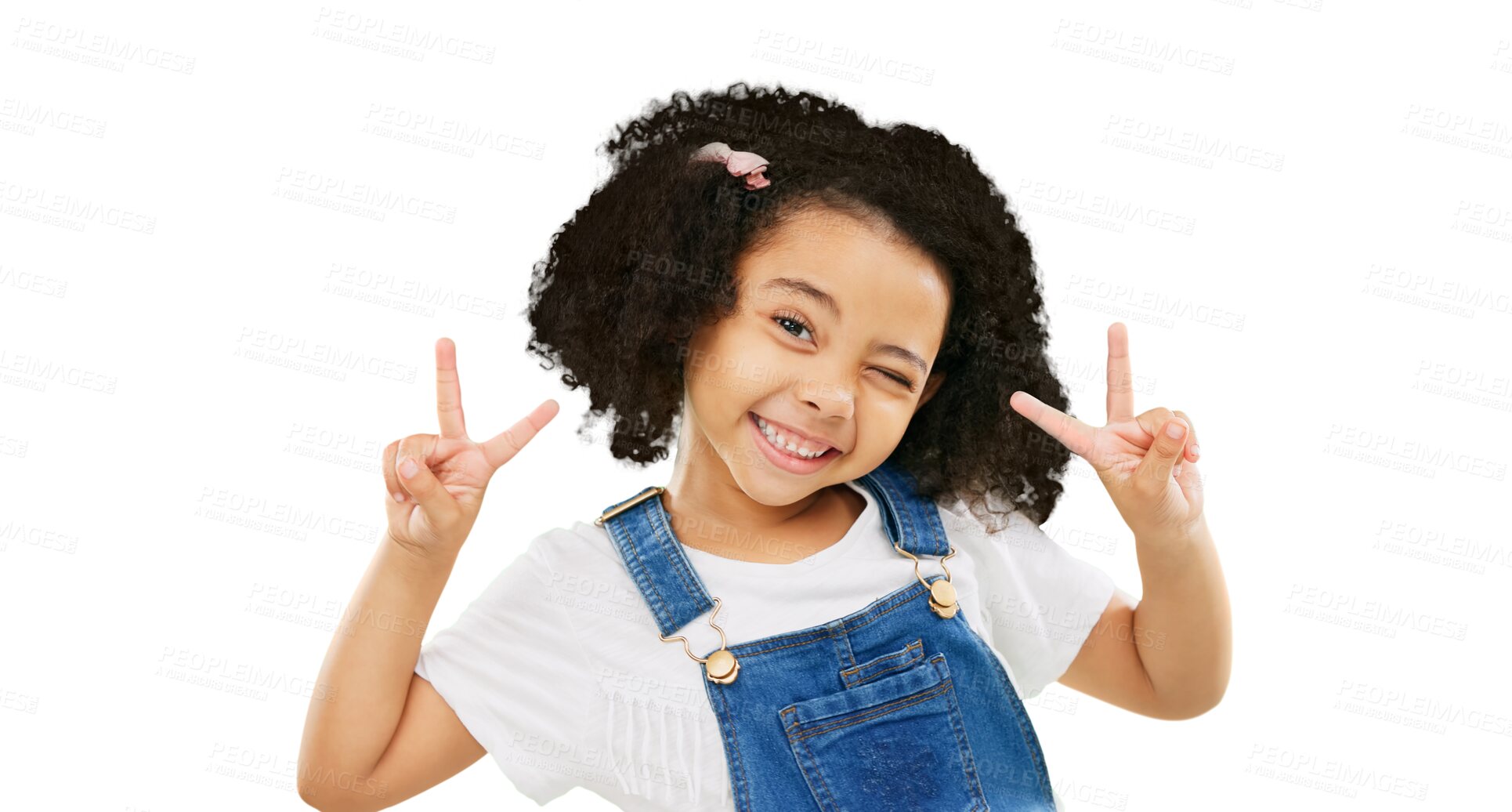 Buy stock photo Little girl, portrait smile and peace sign with wink in casual fashion posing isolated on a transparent PNG background. Happy young kid or child with emoji, v hand gesture or symbol in happiness