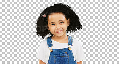 Buy stock photo Happy, young and portrait of child with smile on isolated, png and transparent background. Kindergarten, fashion and face of kid with cute outfit for childhood, happiness and style in South Africa