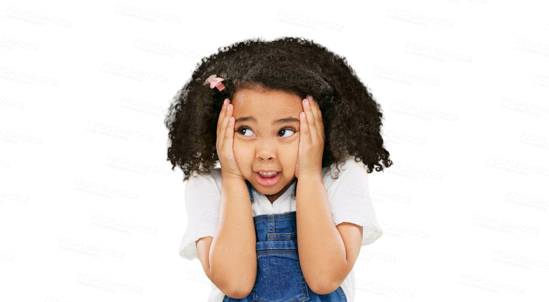 Buy stock photo Fear, worried and mistake of little girl with hands on face isolated on a transparent PNG background. Nervous, anxious or scared kid or child in panic, stress or looking afraid with facial expression