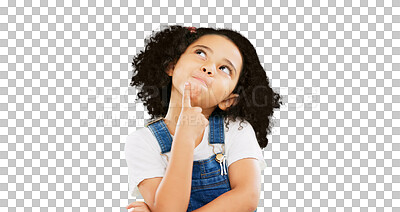 Buy stock photo Thinking, idea and young child with a planning decision isolated on transparent, png background. Doubt, youth question and confused girl kid looking thoughtful, contemplating and curious for future 