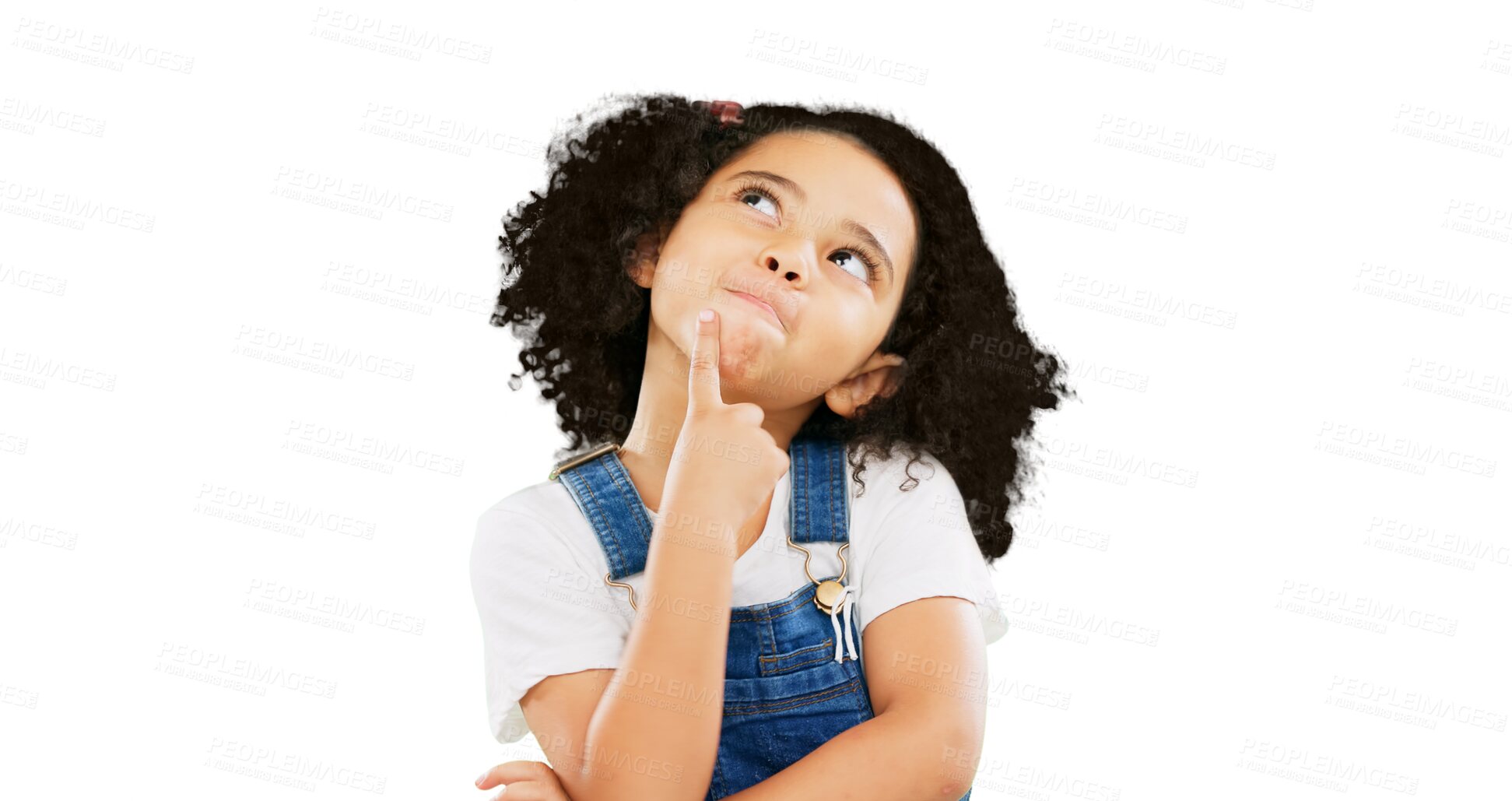 Buy stock photo Thinking, idea and young child with a planning decision isolated on transparent, png background. Doubt, youth question and confused girl kid looking thoughtful, contemplating and curious for future 