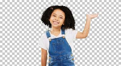 Buy stock photo Happy, offer and presentation with portrait of child on png for idea, show and promotion. Smile, advertising and announcement with face of young girl isolated on transparent background for sign