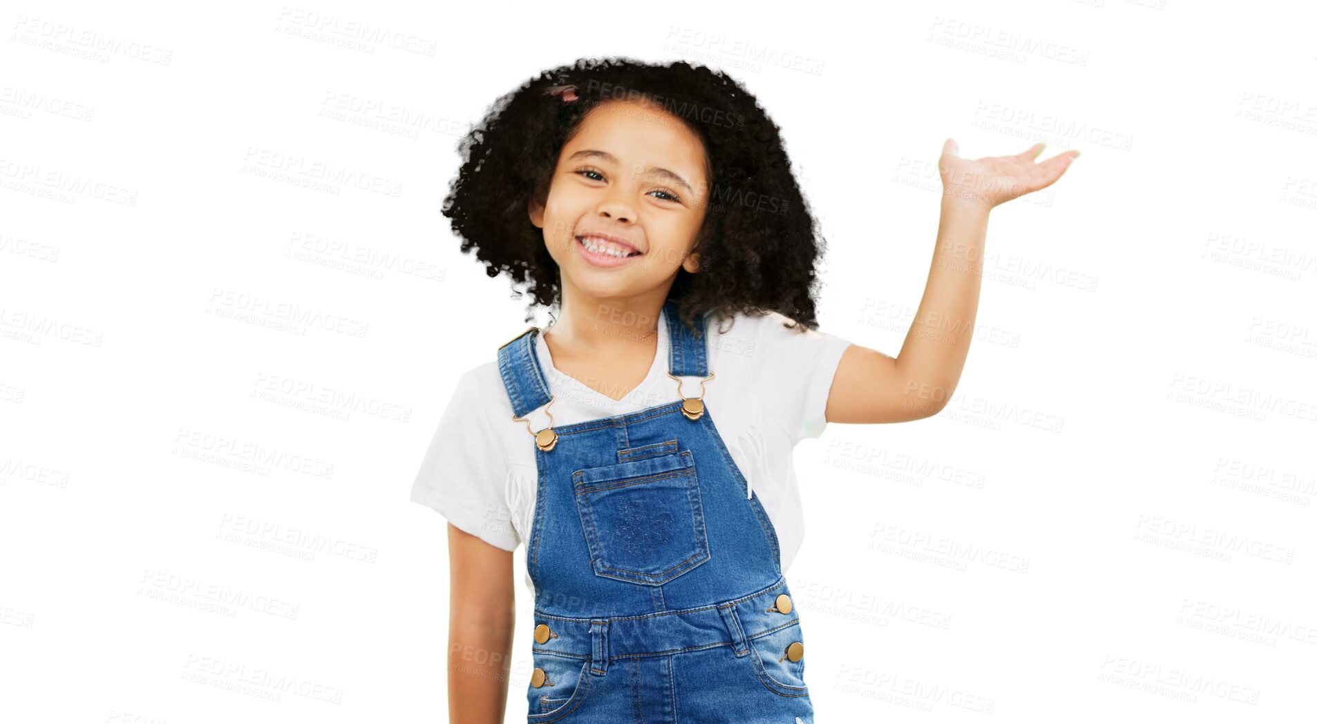 Buy stock photo Happy, offer and presentation with portrait of child on png for idea, show and promotion. Smile, advertising and announcement with face of young girl isolated on transparent background for sign