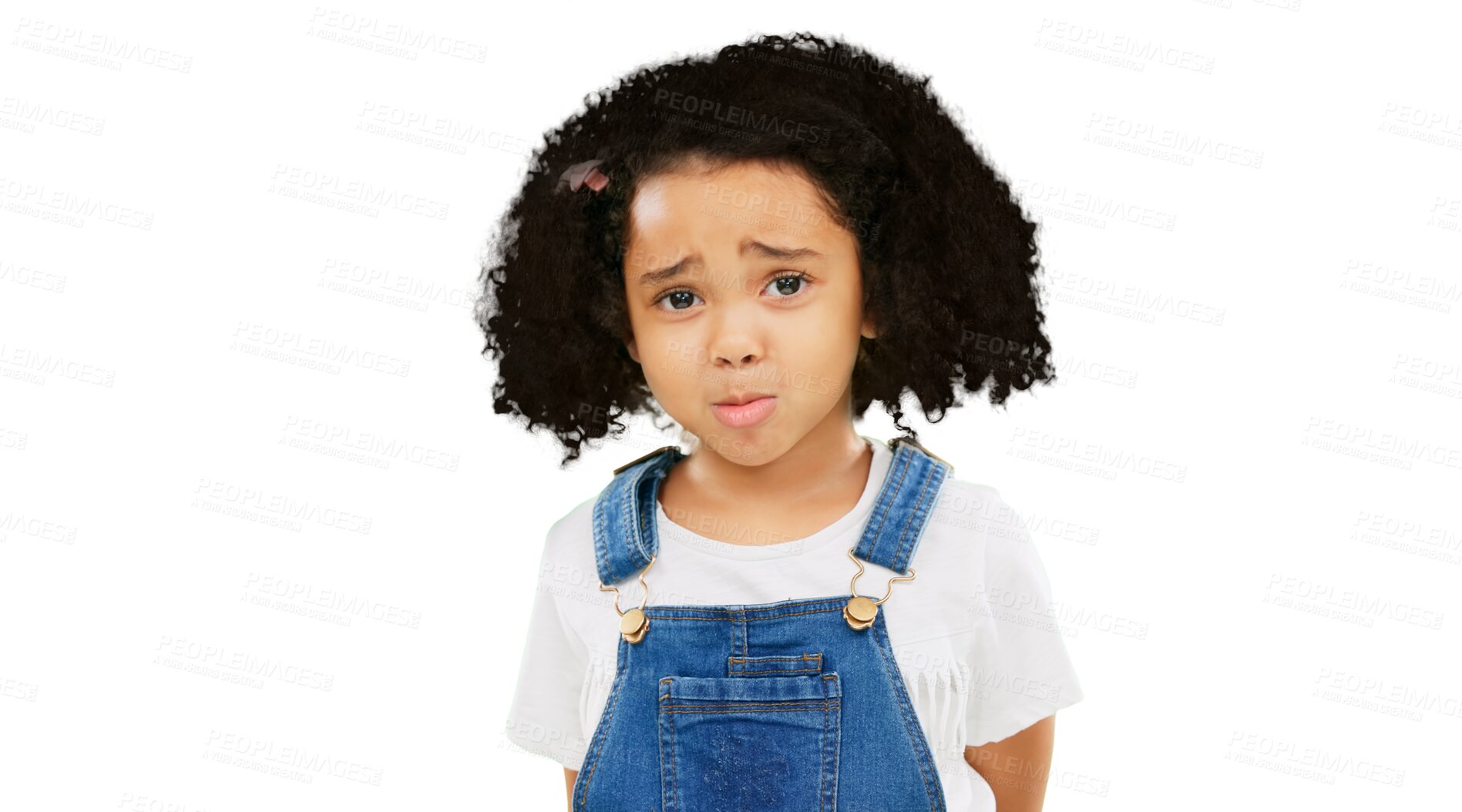 Buy stock photo Sad, sorry and fear with portrait of child on png for confused, worry and anxiety. Mental health, crying and frustrated with face of young girl isolated on transparent background for scared and tired