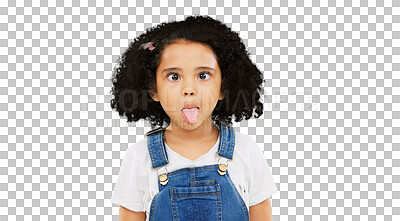 Little girl, silly and goofy face on green screen with facial expressions against a studio background. Portrait of female child or kid making funny faces with tongue out for childhood youth on mockup