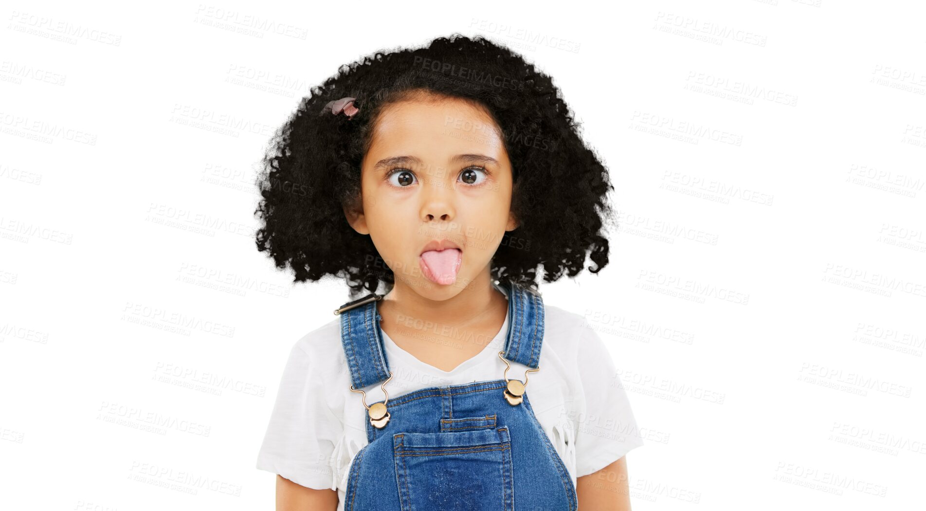 Buy stock photo Little girl, silly and goofy face with tongue out standing isolated on a transparent PNG background. Portrait of female child, kid and funny faces or facial expression in childhood, comedy or youth