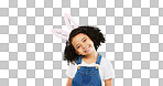 Cute, happy and face of a child with bunny ears isolated on a green screen studio background. Easter, smile and portrait of an adorable little girl smiling, looking cheerful and playful with mockup