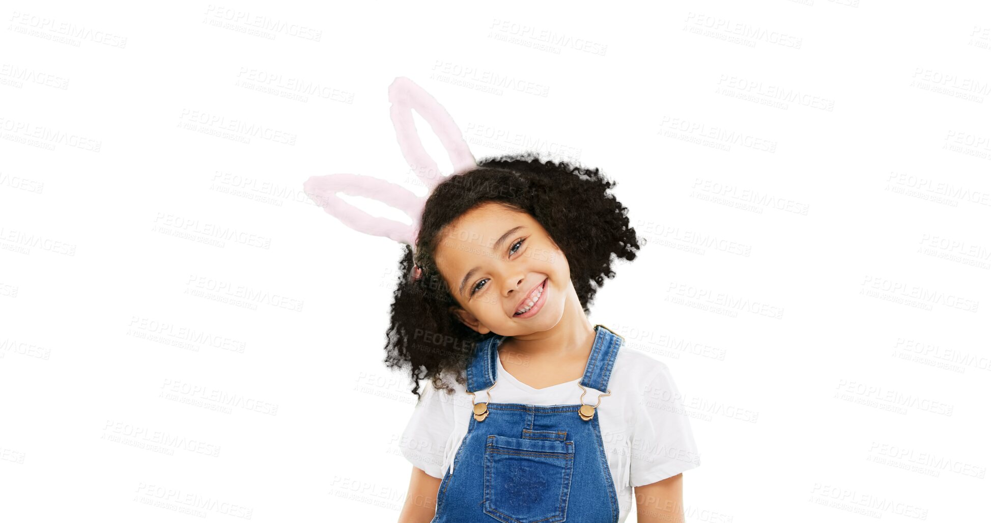 Buy stock photo Easter, happy and face of a child with bunny ears isolated on png or transparent background. Cute, happiness and portrait of an adorable little girl smiling, looking cheerful and playful with smile
