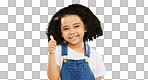 Happy, green screen and face of a child with a thumbs up isolated on a studio background. Winning, success and portrait of a girl kid with an emoji hand gesture for motivation, yes and agreement