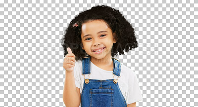 Buy stock photo Happy, thumbs up and portrait of child with smile on isolated, png and transparent background. Approval emoji, agreement and face of young kid with hand gesture for thank you, happiness and yes sign
