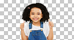 Cute, green screen and face of a child with a thumbs up isolated on a studio background. Winning, success and portrait of a girl kid with an emoji hand gesture for motivation, yes and agreement