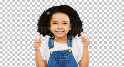 Buy stock photo Happy, thumbs up and portrait of child with smile on isolated, png and transparent background. Success emoji, agreement and face of young girl with hand gesture for yes sign, happiness and thank you