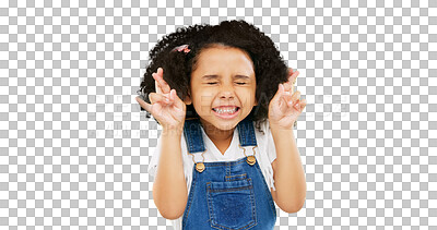 Buy stock photo Little girl, fingers crossed and wish praying for good luck or hope isolated on a transparent PNG background. Excited child or kid with emoji and closed eyes in youth for positive miracle or prize