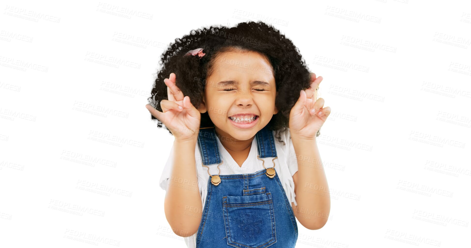 Buy stock photo Little girl, fingers crossed and wish praying for good luck or hope isolated on a transparent PNG background. Excited child or kid with emoji and closed eyes in youth for positive miracle or prize