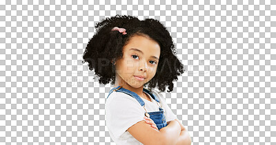 Face, eyebrows and child on green screen with attitude, arms crossed and confident on mockup background. Portrait, confident and girl with emoji, smirk and expression, looking and posing in studio