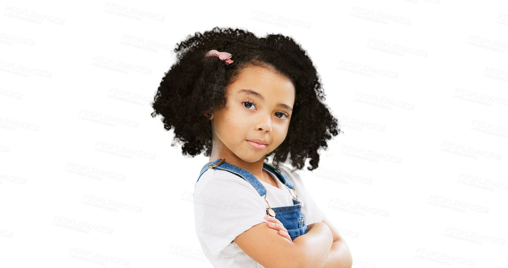 Buy stock photo Eyebrow, attitude and portrait of child with crossed arms on isolated, png and transparent background. Confident, fashion and face of little kid smirk with cute outfit for childhood, emoji and style