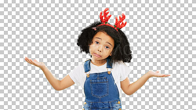 Shrug, green screen and face of a child with a gesture isolated on a studio background. Confused, doubt and a portrait of a girl kid gesturing for choice, decision and indecision with mockup
