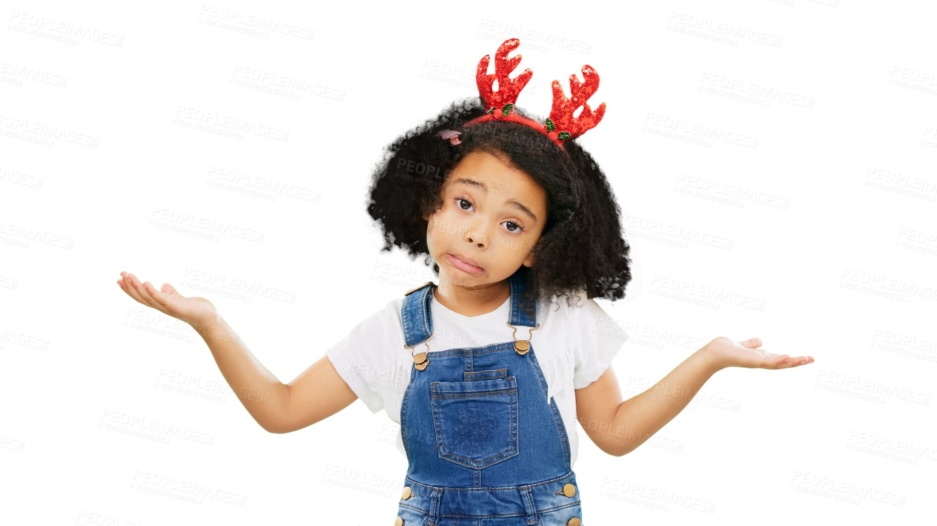 Buy stock photo Little girl, portrait and shrug on Christmas standing isolated on a transparent PNG background. Face of confused, doubt or festive holiday child or kid with hands out or palm in choice or decision