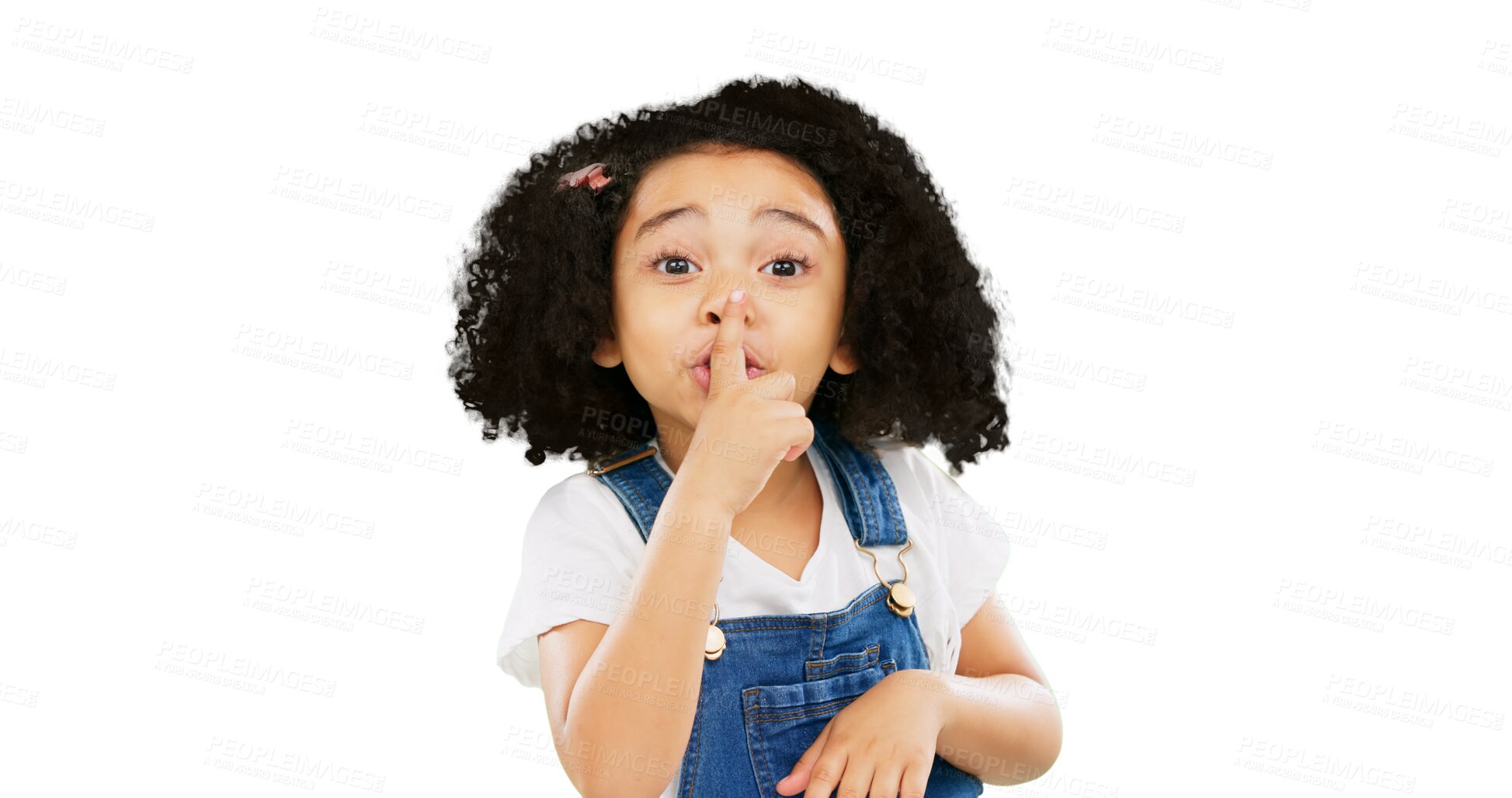 Buy stock photo Little girl, portrait and fingers on lips in secret, gossip or quiet isolated on a transparent PNG background. Face of child or kid in silence, noise or shush gesture and emoji for noise or whisper