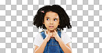 Child, thinking and nervous girl on green screen background with hands on chin and confused face. Black kid in studio with space for mockup wondering about question, doubt and idea or think emoji