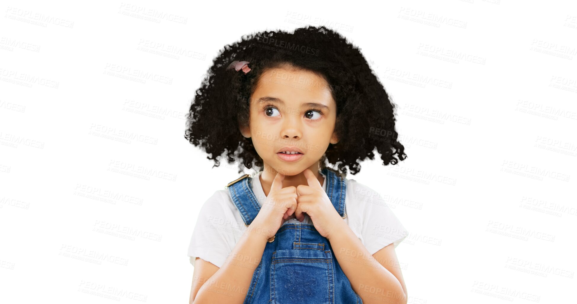 Buy stock photo Child, thinking and nervous girl, questions and wondering with youth isolated on png transparent background. Young female kid, ideas and inspiration, doubt and problem solving with brainstorming