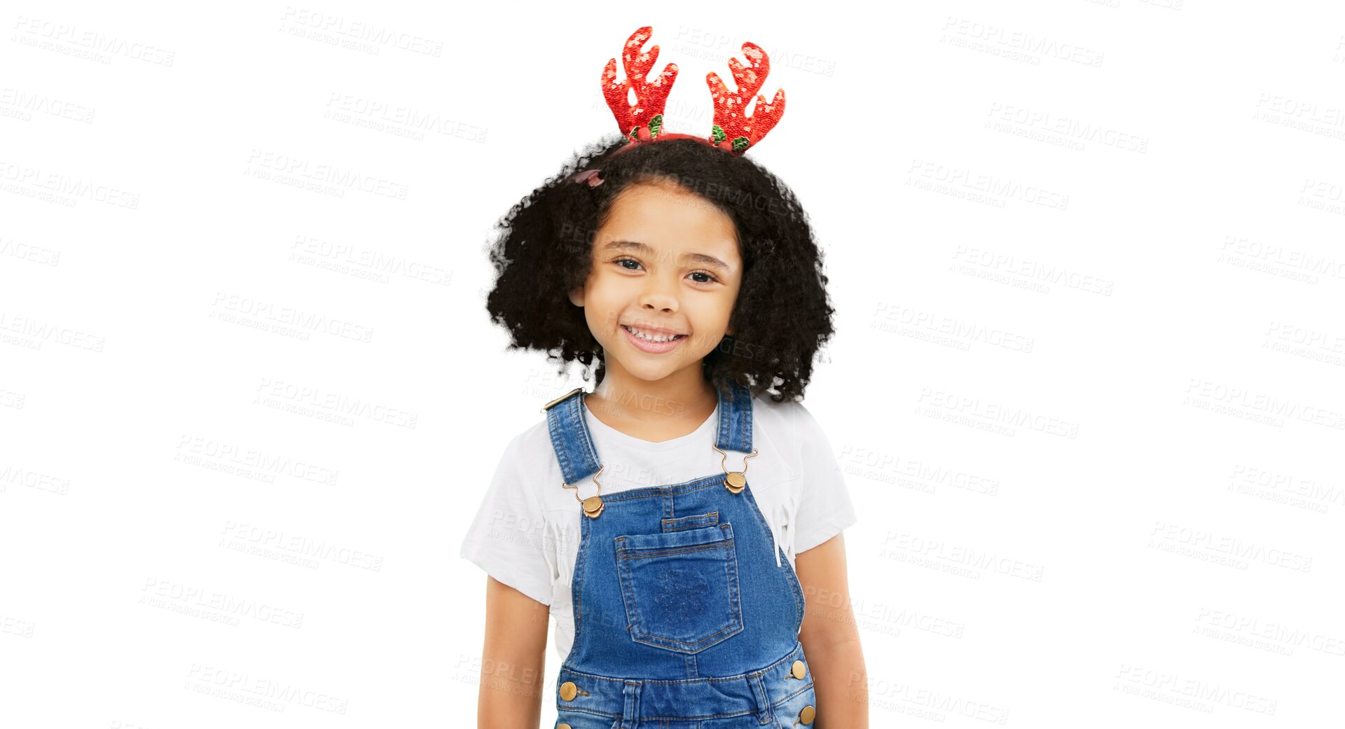 Buy stock photo Happy little girl, portrait and Christmas with antlers standing isolated on a transparent PNG background. Child or kid smile in festive feeling, youth or happiness for weekend or holiday season