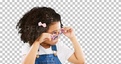 Buy stock photo Sunglasses, fashion and girl looking with attitude on isolated, png and transparent background. Emoji, adorable and cute child with trendy clothes, style and accessories for funny, comic and humor
